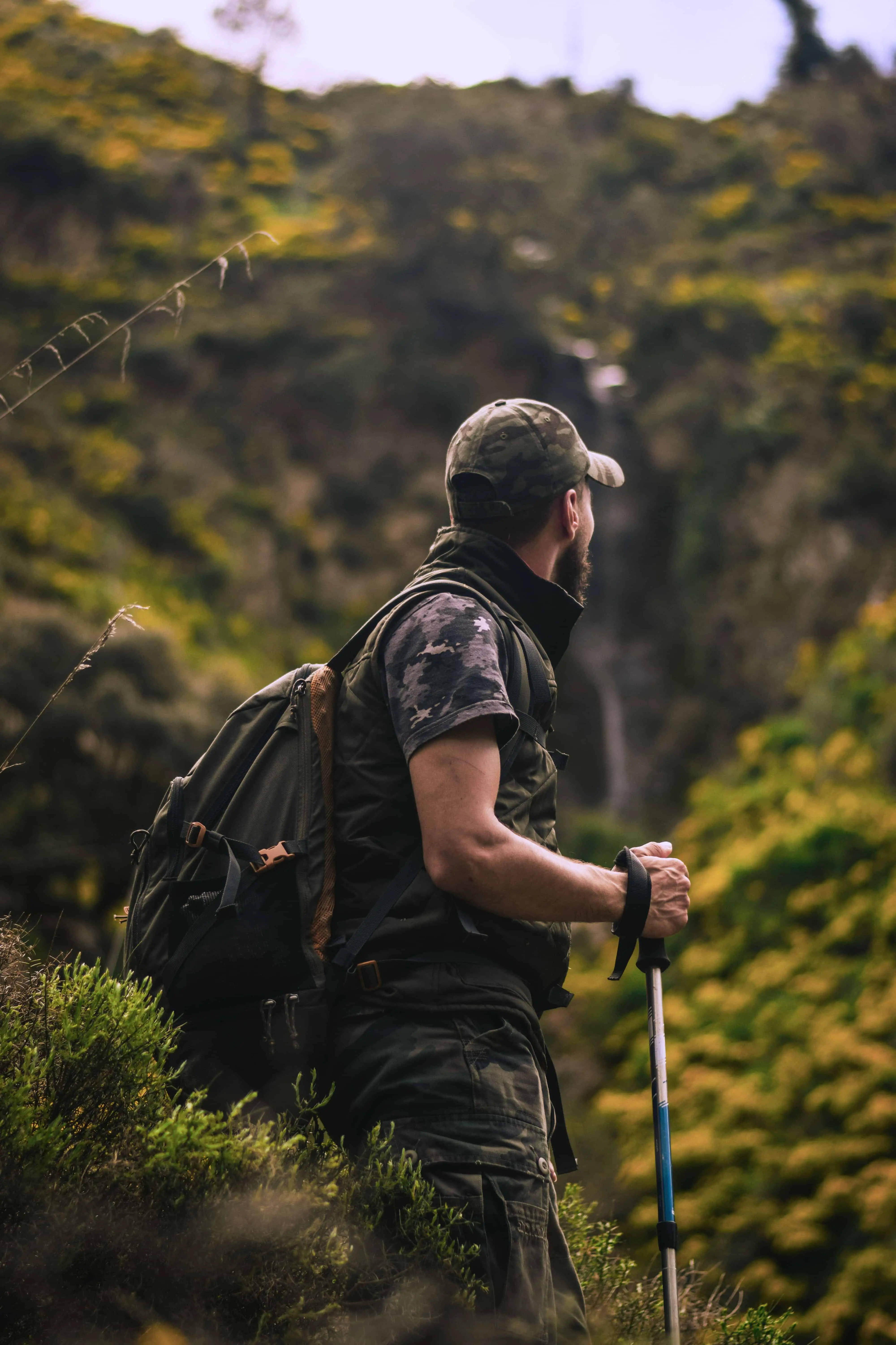 Man wearing a backpack is holding the best hiking poles while on the mountain